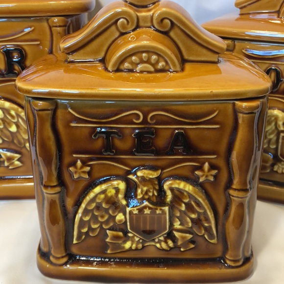 Rare VGT Beauty Ware ceramic 3 piece Canister set Farmhouse eagle wagon wheel - Picture 2 of 10